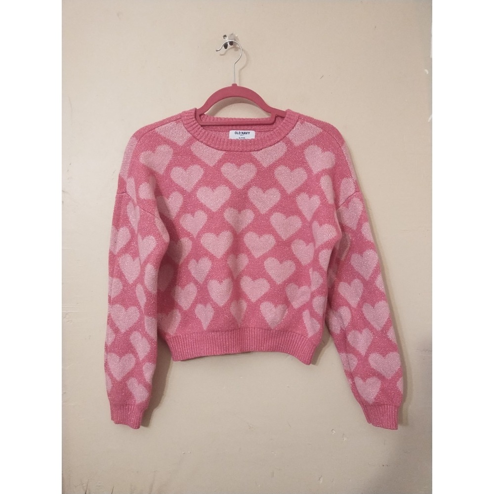 Old Navy Girls XL 14-16 Pink White Heart Knit Crewneck Sweater Metallic Pullover